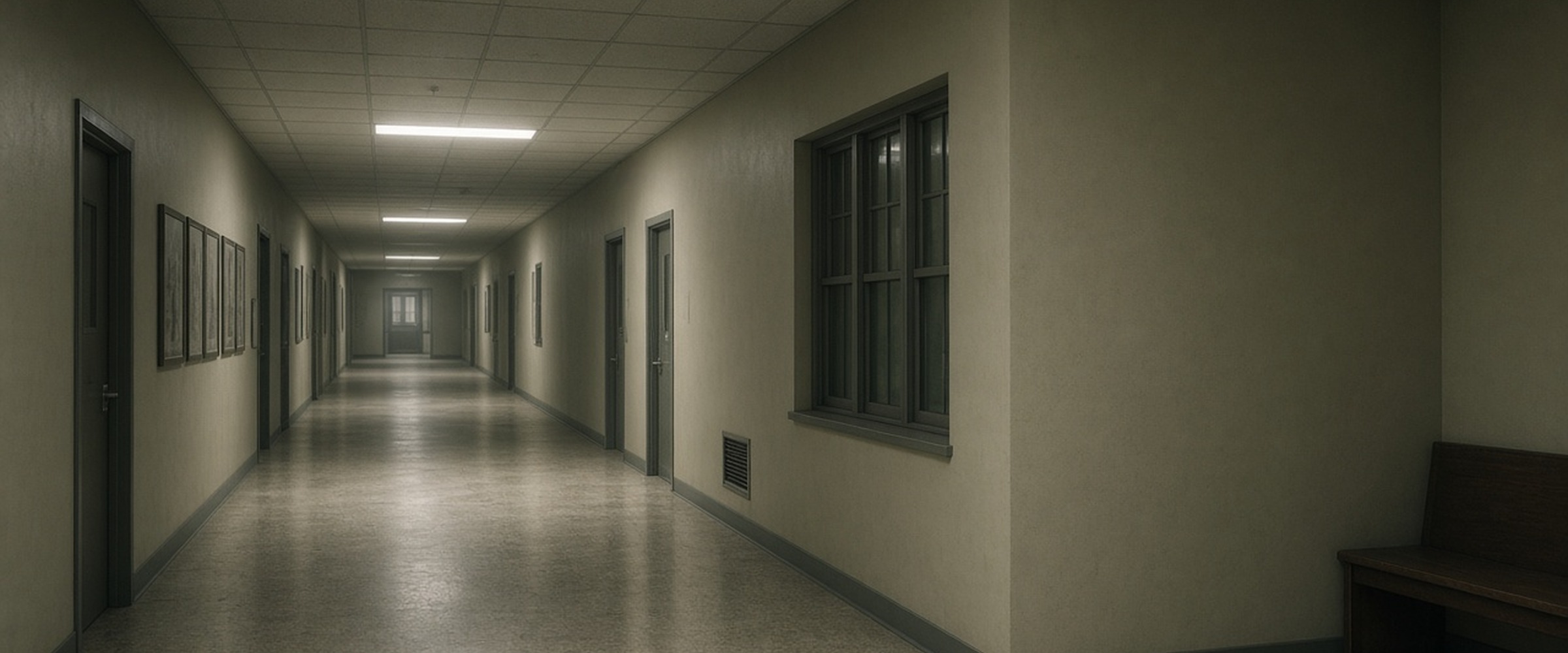 Empty institutional hallway with a corner CCTV camera